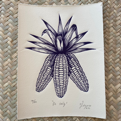 Linograbado "De Raíz" de Iliana Lázaro. Detalle de textura de la impresión.