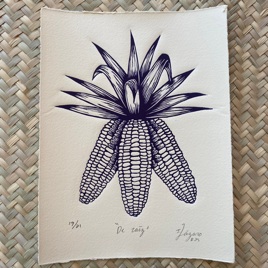 Linograbado "De Raíz" de Iliana Lázaro. Detalle de textura de la impresión.