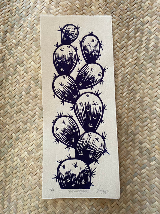 Linograbado "Genealógico" de Iliana Lázaro. Impresión sobre papel de algodón.