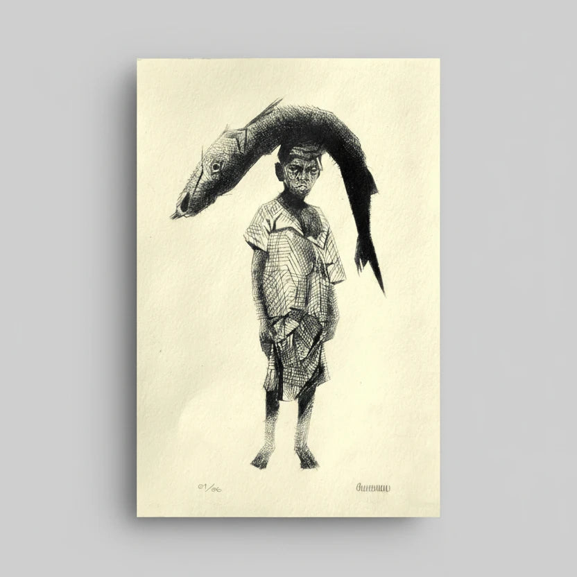 Niño con Guachinango, Punta seca con placa de acrílico, Osmar Portillo