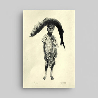 Niño con Guachinango, Punta seca con placa de acrílico, Osmar Portillo