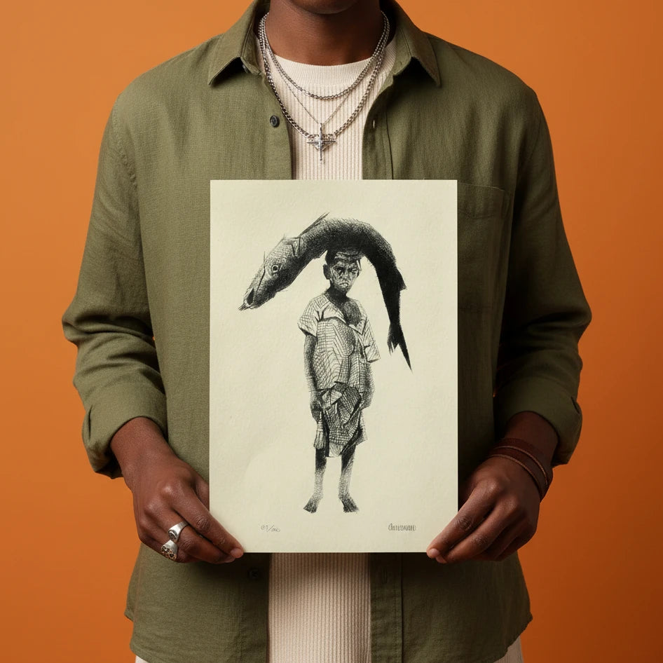 Niño con Guachinango, Punta seca con placa de acrílico, Osmar Portillo